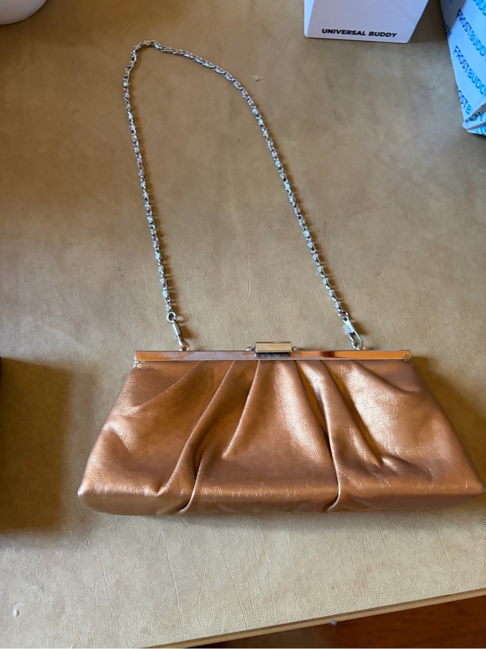 Bijoux Terner Copper Metallic Pleated Clutch with Chain Strap
